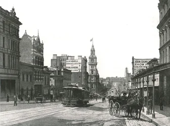 Bourke Street, olhando para o leste, Melbourne, Austrália, 1895.