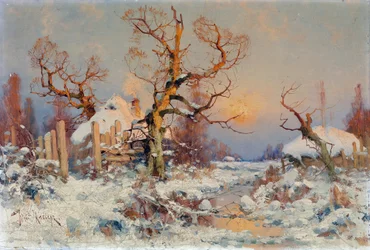 Paisagem de inverno no sol da tarde. Pintura de Juli Julievich (Julius) von Klever (1850-1924), óleo sobre tela, final do século XIX e início do século XX. Arte russa, realismo. Coleção privada.