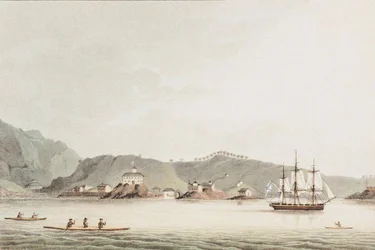 Ilustração de uma viagem ao redor do mundo nos anos 1803-06, no navio Neva, 1814