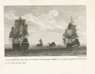 Einde van het gevecht van Jan Bart op 22 mei, 1689 Fim da luta de 22 de maio de 1689, onde Jean-Bart e Forbin, embora desmascarados, só se rendem quando lhes é assegurada a retirada de sua Frota (título no objeto) Coleção das lutas de Jean-Bart, chefe de E