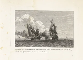Jan Bart em dienst van de koning van Frankrijk, 1678
Na paz de 1678, Jean-Bart entrou ao serviço do rei e recebeu o comando de uma corveta de 14 armas, com a qual levou um corsário de 16 armas Saltin (título sobre o objecto)
Compêndio de combates