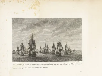 Jan Bart vaart Duinkerke binnen conheceu de heroverde graanschepen, 1694 Em 3 de julho de 1694, Jean-Bart retorna ao Porto de Dunquerque com a Frota carregada de bleds que ele havia assumido, bem como três Navios do Esquadrão inimigo (título no objeto) Col
