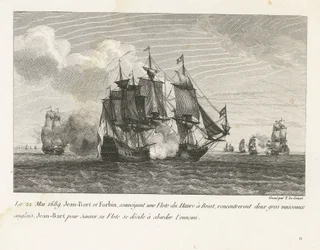 Jan Bart valt twee Engelse schepen aan, 1689
Em 22 de Maio de 1689, Jean-Bart e Forbin, transportando um Flote do Havre para Brest, encontraram-se com dois grandes navios ingleses, Jean-Bart para salvar o seu Flote decidiu embarcar no inimigo (título sobr