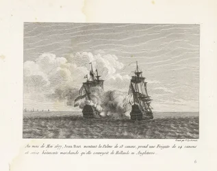 Jan Bart verovert een Hollands fregat, 1677
Em Maio de 1677, Jean-Bart montou a Palma de 18 tiros e levou uma fragata de 24 tiros e dezasseis navios mercantes da Holanda para Inglaterra (título sobre o objecto)
Recueil des combats de Jea