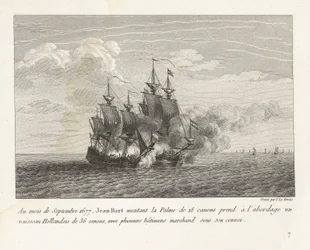 Jan Bart verovert een Hollands fregat, 1677
Em Setembro de 1677, Jean-Bart montou a Palme de 18 armas e embarcou num navio holandês de 36 armas, com vários navios mercantes sob o seu comboio (título sobre o objecto)
Recueil des combates d