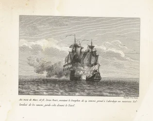 Jan Bart verovert een Hollands fregat, 1678 Em março de 1678, Jean-Bart, montando o Dauphin de 14 canhões, embarcou em um navio holandês de 32 canhões, guarda costeira em frente ao Texel (título no objeto) Coleção das lutas de Jean-Bart, chefe de Es
