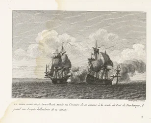 Jan Bart verovert een Hollands fregat bij Duinkerke, 1675
No mesmo ano de 1675, Jean-Bart montou um Corsário de 10 armas; ao deixar o Porto de Dunquerque, levou uma fragata holandesa de 12 armas (título sobre o objecto)
Recueil des combats de Jean-Bart, 