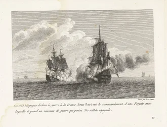 Jan Bart verovert een Spaans schip conheceu 350 soldados aan boord, 1683 Em 1683, a Espanha declarou guerra à França, Jean-Bart tinha o comando de uma fragata com a qual tomou um navio de guerra que transportava 350 soldados espanhóis (título no obje
