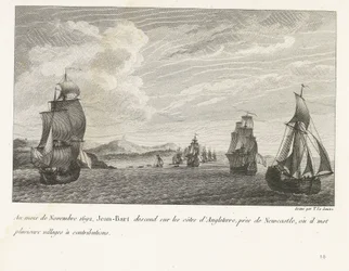 Jan Bart voor de Engelse kust bij Newcastle, 1692
Em Novembro de 1692, Jean-Bart desceu à costa de Inglaterra, perto de Newcastle, onde pôs várias aldeias a contribuir (título sobre o objecto)
Recueil des combats de Jean-Bart, chef d