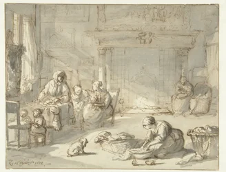 Interior de uma casa com mulheres e crianças