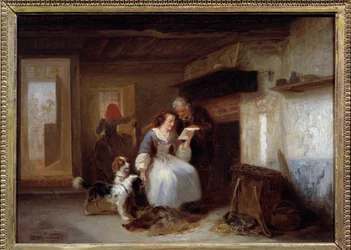 A carta. Jovem mulher lendo uma carta num interior camponês. Pintura de Zacharie Natermann