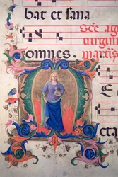Missal 515 f.13v Historiated inicial &39;M&39; representando St. Agnes, de uma partitura musical