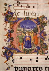 Missal 515 f.5r O Martírio de Santo Estêvão retratado numa inicial histórica, a fronteira iluminada por Filippo di Mateo Torelli (1409-68) a partir de um Livro Coral executado antes de 1449 (vellum)