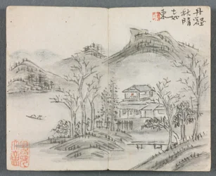 Álbum em miniatura com figuras e paisagem com colina, casa, barco e ponte, 1822.