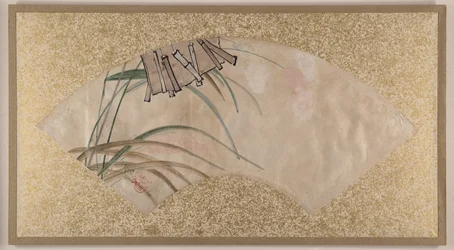 Flores (cor-de-rosa e brancas) e Folhas, Pinças, finais do século XIX (pintura em leque montada como folha de álbum; têmpera sobre papel)