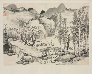 Álbum de paisagem em vários estilos: paisagem com artista em uma ponte