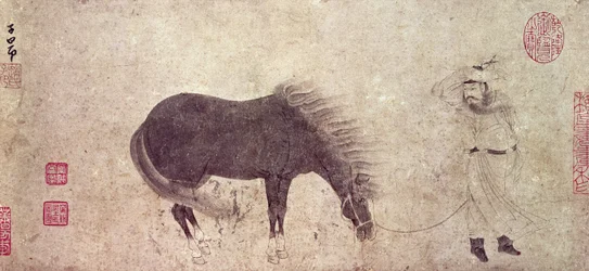 Cavalo e tratador no inverno
