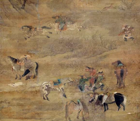 Cavaleiro mongol a perseguir um cavalo. Detalhe. Pintura em seda por Fou Tchao Mong (1254-1322). Yuan Dynasty (1206-1368 d.C.) Paris, Museu Guimet, Museu Nacional de Artes Asiáticas
