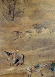 Cavaleiro mongol perseguindo um cavalo. Detalhe. Pintura em seda de Fou Tchao Mong