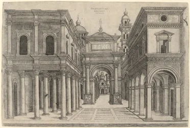 Uma Rua com Vários Edifícios, Colonnades e um Arco, c. 15001510.