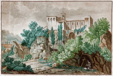 Um mosteiro na Itália. Pelerin adorando a cruz de Jesus Cristo em uma caverna. cerca de 1850 (Aquarela)