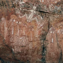 Austrália, Território do Norte, Arnhem Land, Parque Nacional Kakadu, Nourlangie Rock, pinturas rupestres aborígines