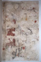 Borgonha, Lancharre, comuna de Chapaize 71460. Na igreja Notre Dame, pintura mural. Dois cavaleiros em cota de malha (fresco)