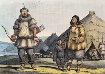 Família Chukchi em frente à cabana, Estreito de Bering, Rússia, por Louis Choris (1795-1828)