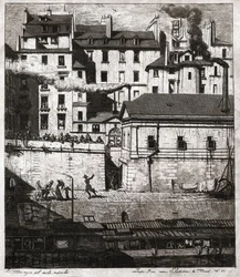 Cena do crime com intervenção policial nos cais de Paris. cerca de 1860 (gravura)