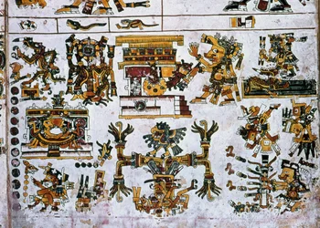 Detalhe de um fac-símile Cópia de uma página do Codex Borgia mostrando as quatro direcções e o centro (cor litho)