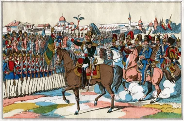O imperador Alexandre II revisa suas tropas antes da declaração de guerra à Turquia (1877). por volta de 1880 (ilustração)