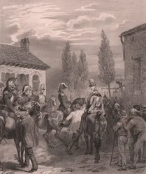 Exército francês entrando na Bélgica, agosto de 1831, gravura em aço em papel de porcelana