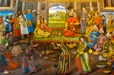 Fresco; banquete com dançarinas; Shah Tahmasp recebe o Imperador indiano Mughal Homayun; 1544; Chehel Sotoun; Palácio dos Quarenta Pilares; Isfahan; Irão; Ásia