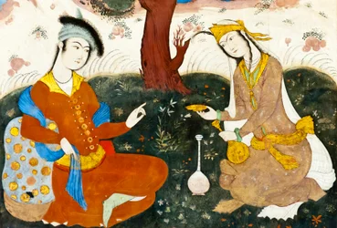 Fresco; dois amantes; miniatura persa; Chehel Sotoun; Palácio dos Quarenta Pilares; Isfahan; Irão; Ásia