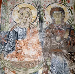 Frescos no mosteiro de Agios Panteleimon, ilha de Tilos, Grécia