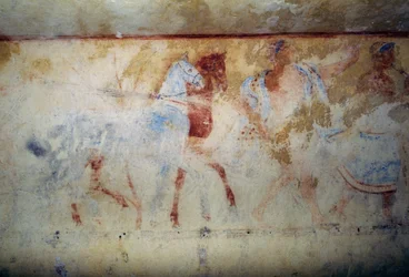Procissão Funerária com cavalos e figuras masculinas, fresco, Túmulo de Demónios Azuis, Necrópole de Tarquinia (Lista do Património Mundial da UNESCO, 2004), Lácio, Itália Civilização etrusca, século V a.C.