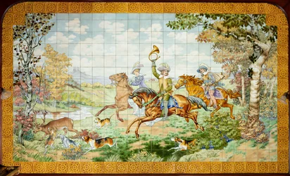 Vista interior, painel de azulejos, pintor Furcy Ernest Tondeur, executor Boch Frères La Louvière, primeiro painel, cena de caça com três cavaleiros