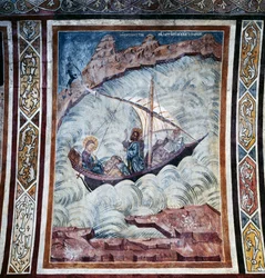 Jesus acalmando a tempestade, afresco na abóbada da igreja do mosteiro de Thari, ilha de Rodes, Grécia