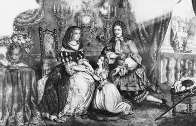 O Rei Luís XIV e sua filha imploram à Duquesa Luísa de La Valliere que não se retire para o convento.