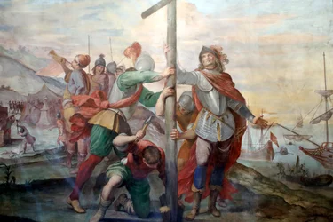 Desembarque de Cristóvão Colombo. Fresco. Palazzo Fieschi-Crosa Di Vergagni. Génova. Itália.