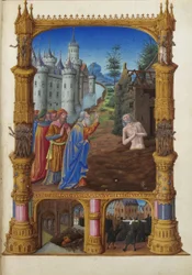 Les Très Riches Heures du Duc de Berry, Folio 82r - Job Mocked by His Friends the Musée Condé, Chantilly. Trabalho, a mulher e os amigos dele.