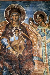 Madonna com Criança e Anjo, fresco no mosteiro de Ano Pedina, perto de Papigo, Zagoria, Épiro, Grécia (foto)