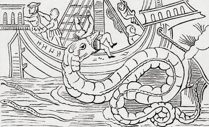Homem sendo comido por uma serpente marinha.