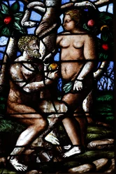 Catedral de Milão. Vitral. Adão e Eva. Jardim do Eden. Itália.