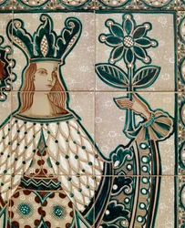 Painel maiolica pintado retratando a cena alegórica, Santo Stefano di Camastra, Sicília, Itália, Detalhe