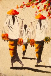 Pintura; mulheres asiáticas com chapéus de palha; Vientiane; Laos; Sudeste Asiático; Ásia