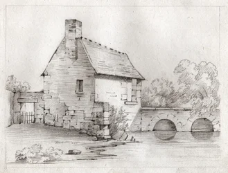 Casa de camponês à beira de um rio. por volta de 1830 (ilustração)
