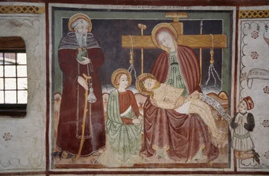 Pieta com São Bernardo e cliente, fresco (século XV), casa do Homem Selvagem (Uomo Selvatico), Sacco, Cosio Valtellina, Lombardia, Itália