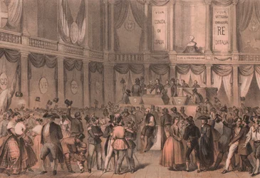 Plebiscito para anexação à Itália, sala da Universidade de Nápoles, Campânia, Risorgimento italiano, litografia de Carlo Perrin de desenho de Carlo Bossoli (1815-1884), 22x15 cm