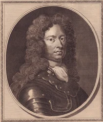 Retrato do soldado inglês Thomas Tollemache (cerca de 1651-1694), gravura em cobre de John Goldar (1729-1795) de pintura de G Kneller